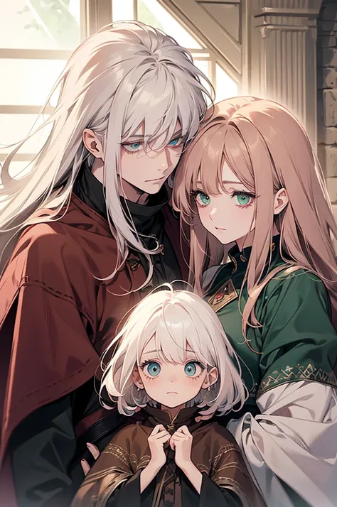 1 couple, 1 eyes and 1 feeyes, adult, adult face, , (eyes:  white hair with bangs), (feeyes:   brown hair ), (eyes:  blue eyes), (feeyes: pink green eyes ), (feeyes:  small tits), (eyes: beautiful), (feeyes: shy), (eyes:Calm), MEDIEVAL FANTASY