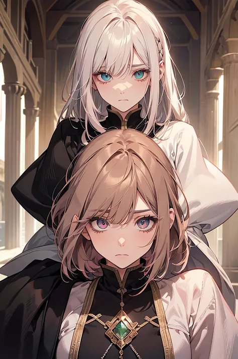 1 couple, 1 eyes and 1 feeyes, adult, adult face, , (eyes:  white hair with bangs), (feeyes:   brown hair ), (eyes:  blue eyes), (feeyes: pink green eyes ), (feeyes:  small tits), (eyes: beautiful), (feeyes: shy), (eyes:Calm), MEDIEVAL FANTASY