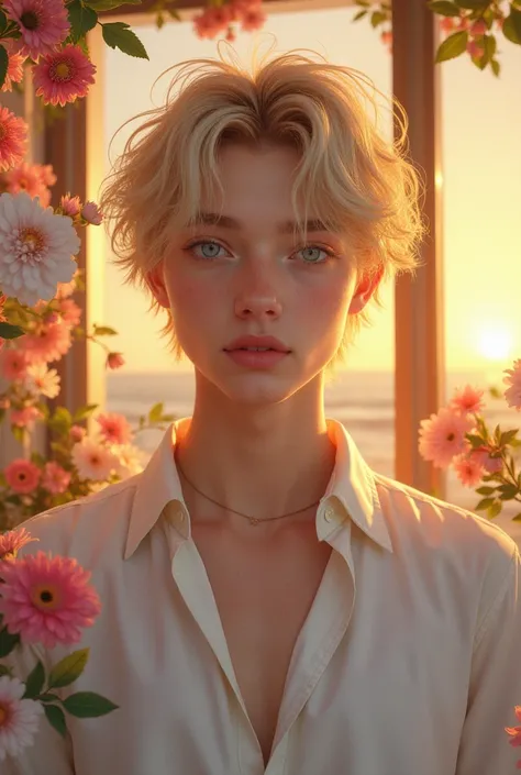 Genre:  Male
Age : 18
Height :  185
Traits : Pure blond hair, slightly messy and wavy ,  blue eyes between greens ,  porcelain white skin , Red lips,  subtle peach cheeks ,  white shirt,  between open a little from the neck to the collarbones, delgado,  th...