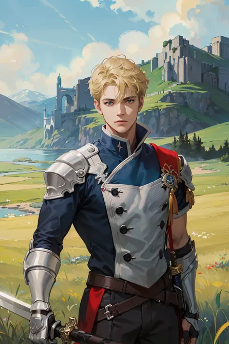 ( very high resolution,  high resolution,  portrait detailed), 1 male,  alone, Blonde, angled face, Muscular body type, shirt,  rolled up the arm, The left arm holds a sword in front of , 's face, a steel prosthetic arm, Grassland background