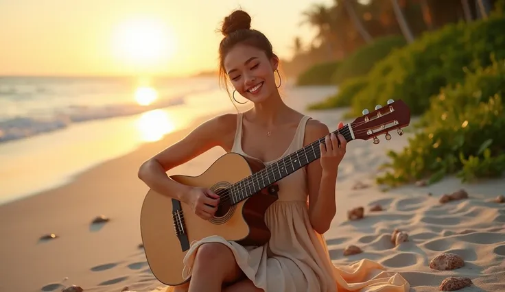 "Realistic, detailed depiction of a beautiful young woman seated outdoors at a tropical beach during sunset. She is playing an acoustic guitar with a serene and joyful expression, gazing softly at the camera. Her hair is tied up in a stylish bun, and she i...