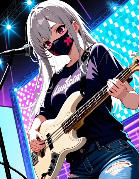 1girl,solo, upper body, mechanical gears, grey hair, long hair, purple-red eyes, (blue denim jeans, torn out jeans), sneakers, Full face mask,mask cover, Academic, Shallow shaded, film grain, dutch angle,(playing instrument, bass guitar),incubators,argyle_...