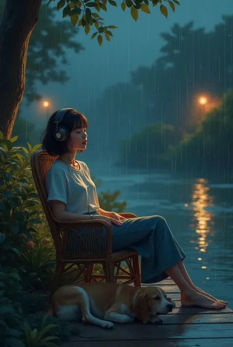 A girl with headphones on vibing with the music in the riverside chair with dog alongside in a rainy night