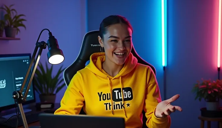 A beautiful woman is sitting on a gaming chair in his youtube studio behind a desk, wearing a yellow hoodie "Youtube Think" is bodly printed on hoodie, her expression as her hand movements. mic, laptop on desk, blue and pink neon background 