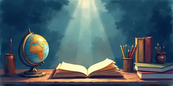 

The color is dominated by night tones,And there's a ray of light in the middle， Watercolor-style books and related elements such as study supplies ，pencil，Related elements such as globetrotters are also placed in the middle of the picture



