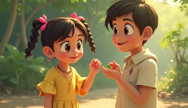 "Introduce Radha, an  anime-style girl with big, sparkling eyes, two neatly braided pigtails tied with pink ribbons, and wearing a simple yellow frock. She tugs on her 25-year-old brother Rahul’s sleeve while holding the small seed and pleading with him no...