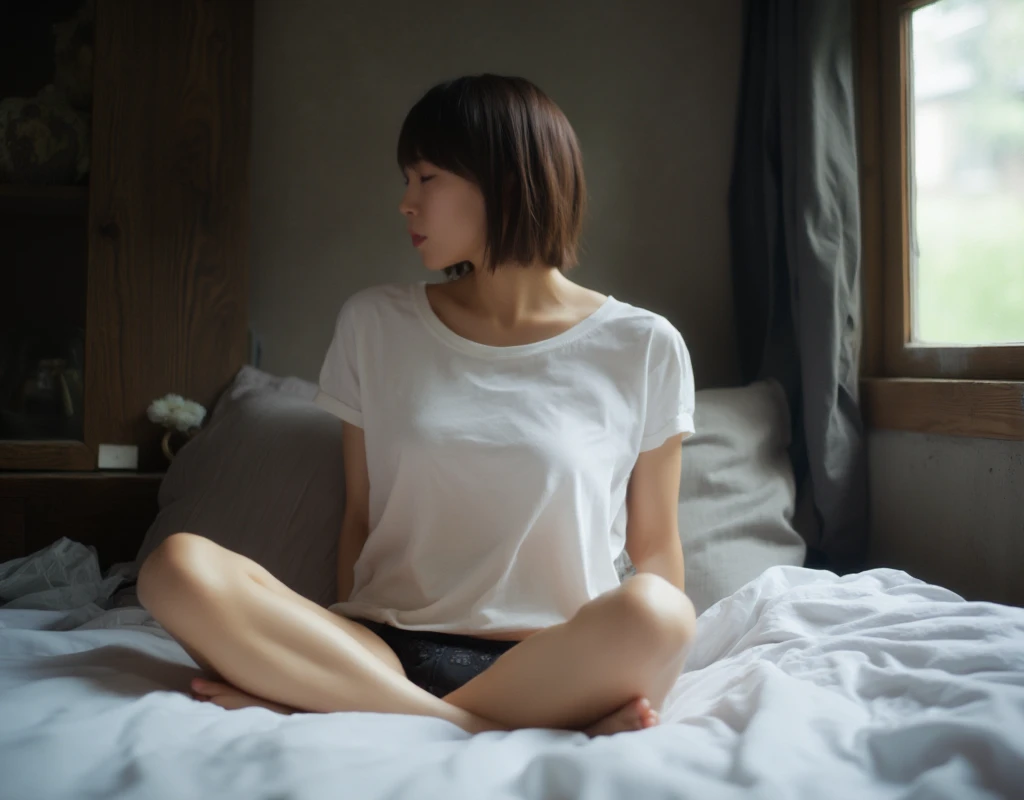 " Picture of a young Japanese woman hiding her body in a loose white t-shirt.  she is sitting with her knees upright , 彼女のfeetはTシャツの裾の下に隠れていた.  she only wears T-shirts and nothing else ."bedroom、 bedroom、 short hair、 shortcut、 black underwear、Lace underwea...