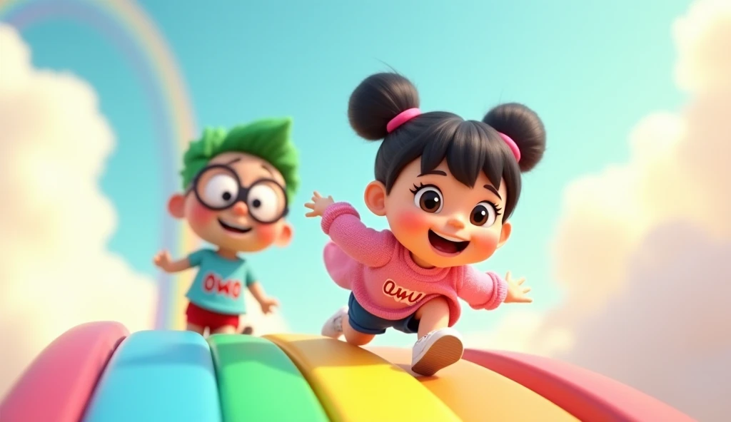 A magical 3D Pixar-style scene featuring Uwu and Owo joyfully sliding down a vibrant rainbow in the sky. Owo, an  boy with big round glasses, green hair, a light blue T-shirt with 'owo' in red font, and red shorts, is following close behind, smiling bright...