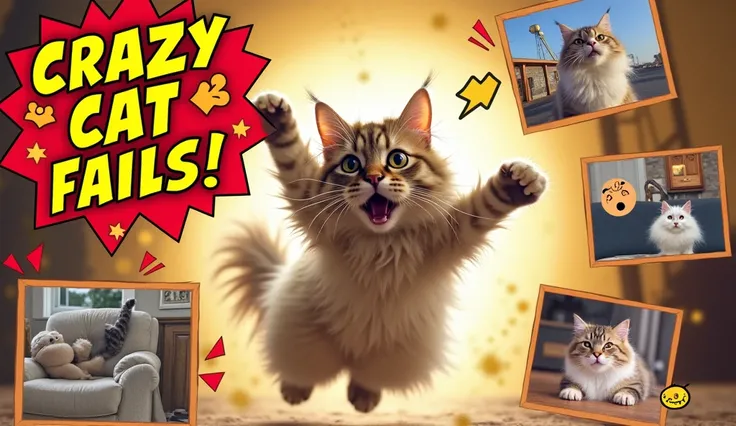 Hilarious, high-energy YouTube thumbnail featuring a compilation of cat mishaps. Central image: a surprised fluffy Persian cat mid-air, caught in a comical fail moment. Add exaggerated text overlay 'CRAZY CAT FAILS!' in bold, cartoonish font with bright co...