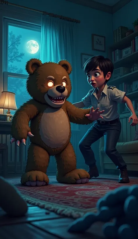 Create hd Cartoon Image Scene 9: In the middle of the night, the teddy bear comes to life and attacks a member of the CID team in the house, attempting to strangle them.