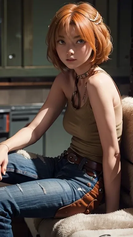 Astrid,  short hair,  curly hair,  orange hair,  nude, collar,  slim body,  small bust,  sitting,  crossed legs ,  in front,  pretty legs, jeans