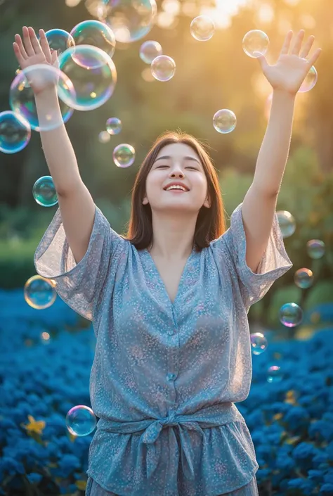 A beautiful asian girl, slightly chubby. Wearing big size casual clothes sleeveless pattern ,standing enjoying playing big bubbles on the  blue garden, sunset 
