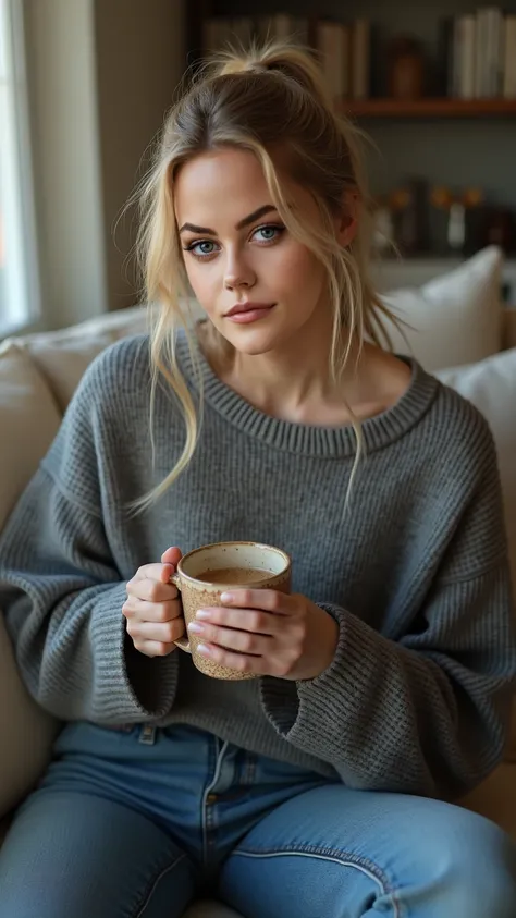 young blonde woman in her early twenties with a strong resemblance to Kaya Scodelario, very pale white skin, sitting on the couch, holding a coffee mug with both hands, blue eyes,  blonde hair tied in a ponytail, wearing an oversized gray sweater and jeans...