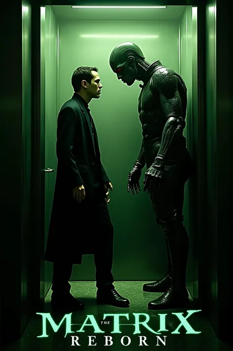 The Matrix, Neo fighting Agent Smith in an Elevator as a sci Fi movie poster with title below, The Matrix Reborn 