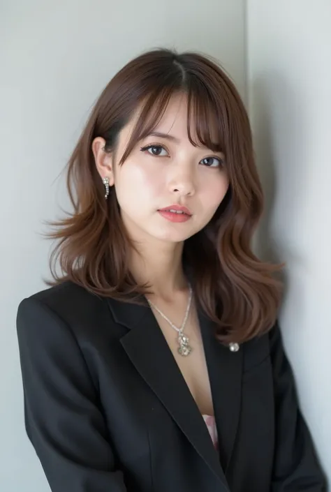 Beautiful Japanese Woman 、、 She is wearing an office lady suit、濃いeyeshadow 、Hairstyle: Medium long、wavy hair 、 Light Brown Hair 、ear piercing、 Empty Expressions 、 necklace、 white backgr
