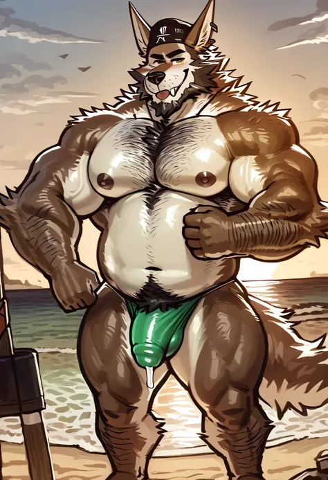 Big wendell, werewolf, brown fur, very huge muscles, exposed big fat naked cock, no underwear, seductive, large man, flexing, intimidating, ripped clothes, beard, hairy chest, sunny day at thebeach outside, erotic, perfect anatomy, shirtless, Unique, Very ...