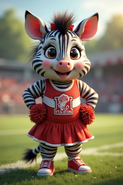 photorealistic portrait of Dressed animals - a ((fat)) [chibi] (baby zebra) cheerleader,(),(full body image:1.3), (hands on hips:1.5),(), (happy smile:1.2),high quality,(lovely) , highly detailed cute  top with team logo ,intricate detailed  short pleated ...