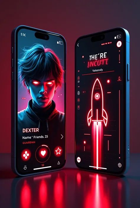 Create a futuristic and neon-themed digital profile displayed on two smartphone screens side by side. The left screen shows a close-up of a young male character with cyberpunk aesthetics, glowing red eyes, and messy, futuristic hair illuminated by contrast...