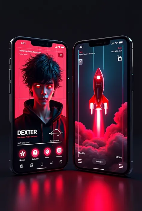 Create a futuristic and neon-themed digital profile displayed on two smartphone screens side by side. The left screen shows a close-up of a young male character with cyberpunk aesthetics, glowing red eyes, and messy, futuristic hair illuminated by contrast...