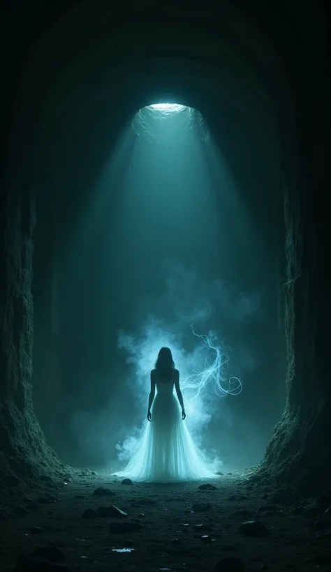 Imagine A  Light Ghost Woman Standing Far In The Dark Mine , Very Far View In The Dark Mine At Night, Full Closed Dark Mine, Front View