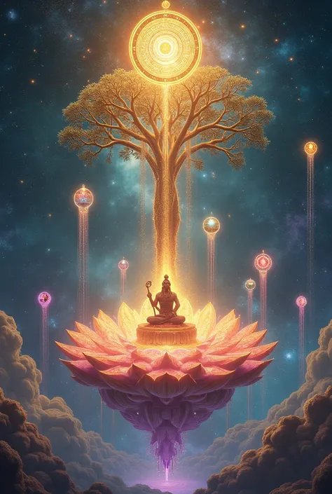 A vast, ethereal cosmic platform shaped like a glowing lotus, floating in the midst of a swirling galaxy filled with stars, nebulae, and celestial bodies. At the center of the platform, Lord Brahma sits on a radiant lotus throne, surrounded by an aura of d...