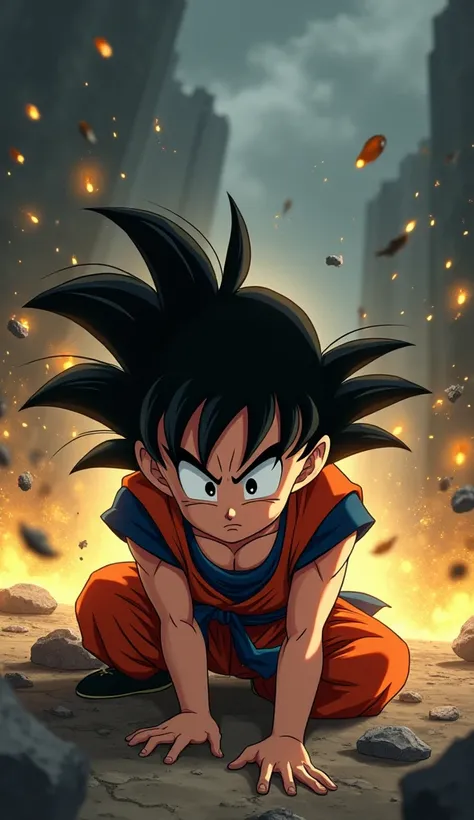 Scene: Gohan is on the ground ,  overcome by a recent injustice or loss .  The world around him seems to crumble .  His eyes are full of doubts ,  but there is a twinkle in his eyes that indicates that he will not give up.
visual effects:  The atmosphere i...