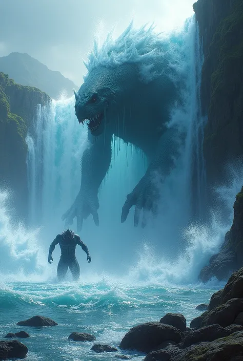 A powerful water wall rises in front of a monster and repels attacks.