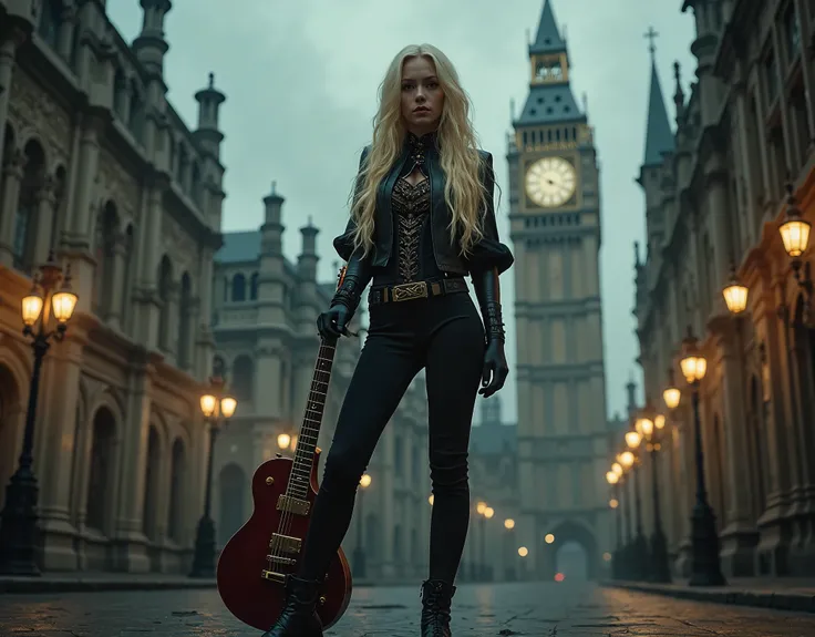 Blonde girl long hair,  Realistic style, bardo, with guitar, super realism, rockstar clothing with Victorian retrofuturistic style,  photo, full hd, 8K, cuerpo completo, Gothic, steampunk, Dark,  dark fantasy ,  Victorian style , 19th century, , (((cuerpo ...