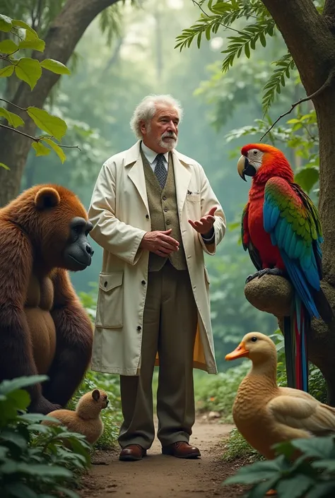 Dr. John Dolittle, who has the unique ability to talk to animals:

A doctor is standing in the jungle and surrounded by various animals—a parrot, a gorilla, a bear, and a duck. The doctor is seen explaining things to them.