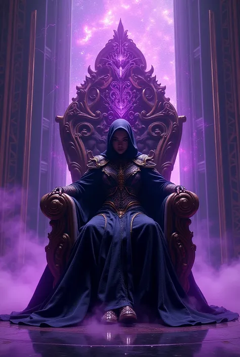 Um antagonista intimidador senta-se em um elaboradThe throne alienígena elétricas,  surrounded by swirls ,  crackling purple energy . The throne,  constructed from alien materials ,  is adorned with brilliant symbols and patterns from another world ,  emph...