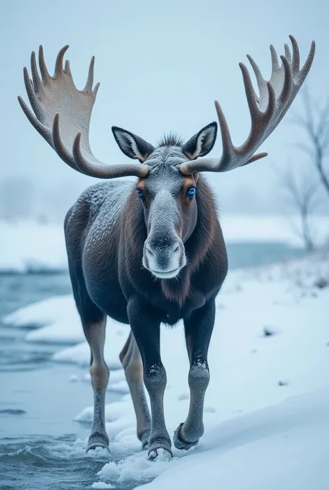 "A towering moose with massive frost-coated antlers and glowing blue eyes, its frosty breath forming clouds in the cold air.

The background is a snowy tundra with a frozen river winding through it. The camera starts with a wide shot of the moose standing ...