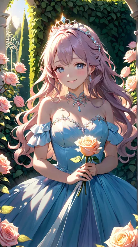  upper body close-up （((masterpiece), On)"A graceful and gentle princess with long wavy hair adorned with a tiara. She wears a pastel-colored, flowing gown and stands in the center of a rose garden, smiling softly while holding a single rose. Surrounding h...