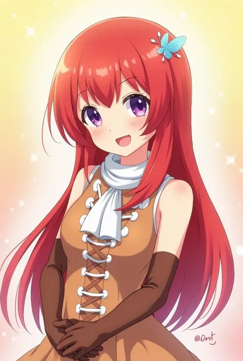 A vibrant anime-style 20 years old girl character with long length red hair that fades into a lighter shade at the tips, adorned with small butterfly-like accessories. She has bright purple eyes with a sparkling, cheerful expression, and a warm, open-mouth...