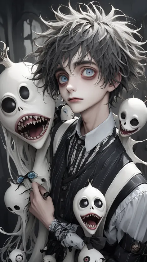 Tim Burton style 、male、 very realistic 、Madness、Young people、