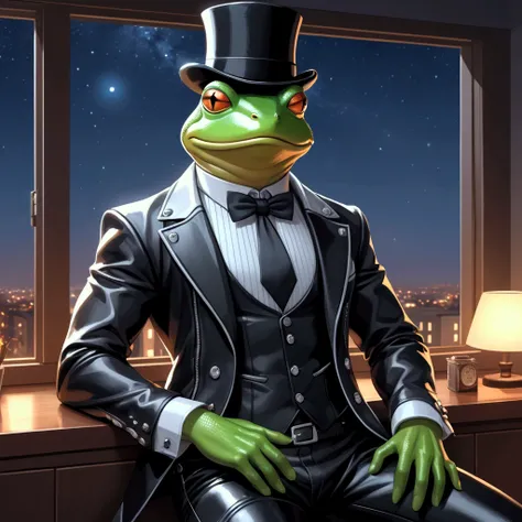 Closeup, digital illustration style manga :1.5, An extremely badass anthropomorphic light blue and white bullfrog wearing an insanely cool black and silver leather tuxedo jacket, black top hat, white button up shirt, black bowtie, black leather waistcoat, ...