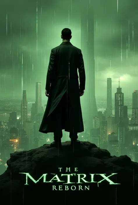 The Matrix, Keanu Reeves wearing The Matrix clothes standing on a hill looking down on the city below as a sci Fi movie poster with title below, The Matrix Reborn 