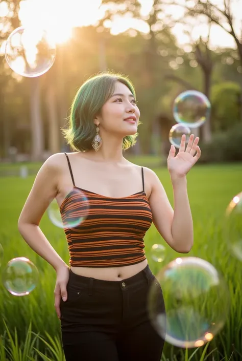 A beautiful asian girl, slightly chubby, look towards the camera.dark green wavy very short cut hair shiny , earing big size casual clothes sleeveless black orsnange stripe pattern ,standing enjoying playing big bubbles on the garden, sunset 
