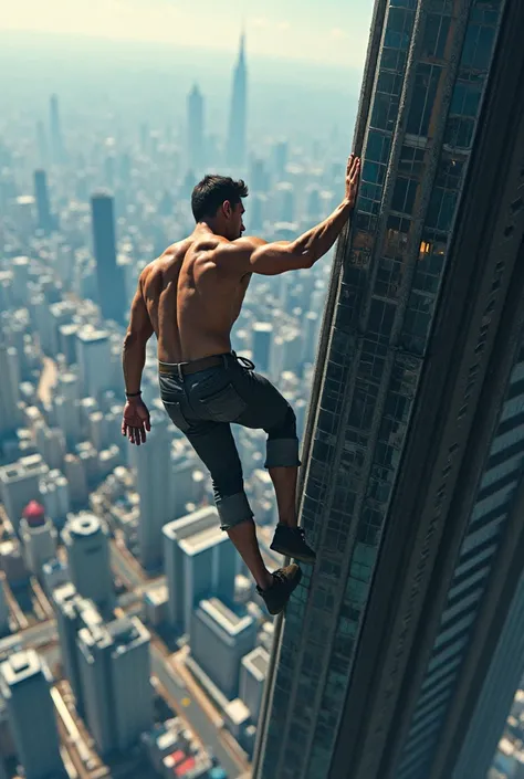 make an illustration of man hanging on the top of tallest building