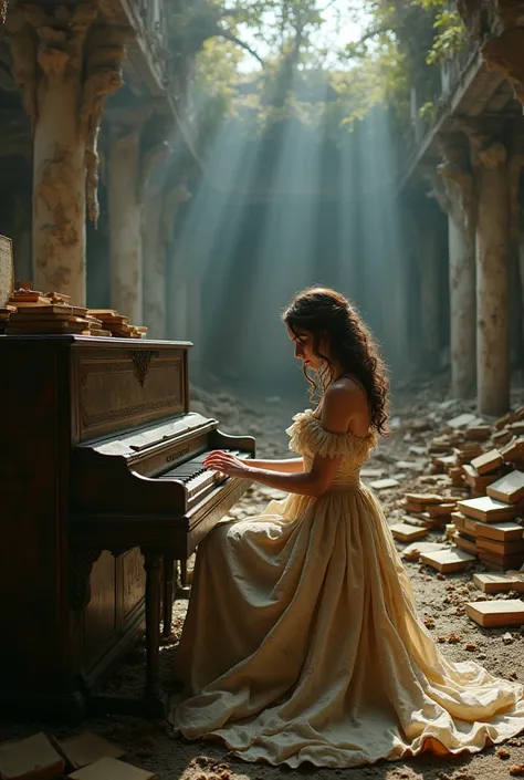 In the ruins of an ancient library, a woman dressed in a tattered, flowing gown made of parchment and leather bindings sits among piles of decayed books. Her fingers glide across a cracked piano, the haunting melody echoing through the crumbling walls. Sun...