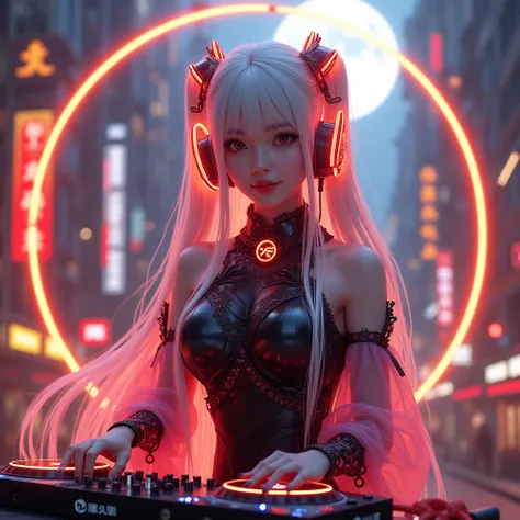 girl, Chinese_clothes, liquid black and pink, cyberhan, cheongsam, cyberpunk city, dynamic pose, detailed luminous headphones, glowing hair accessories, playing DJ music, long hair, glowing earrings, glowing necklace, cyberpunk, high-tech city, full of mec...