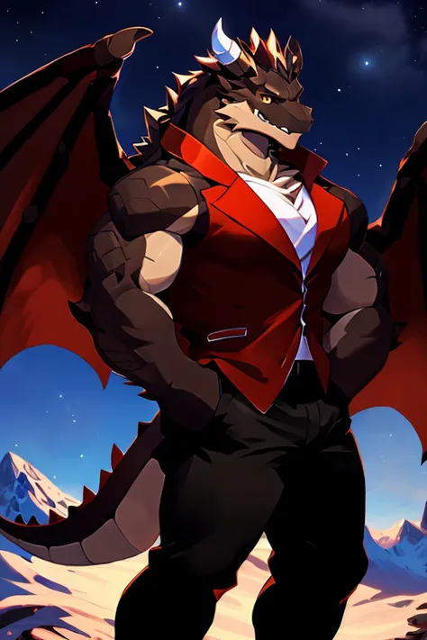 1man, Solo, Top Body, From Side, Best Quality, A Black Dragon, Super Muscular, Standing, Looking At The Viewer, Smirking, Wings, Brown Jacket, Brown Pants, On A Mountain, Night sky,