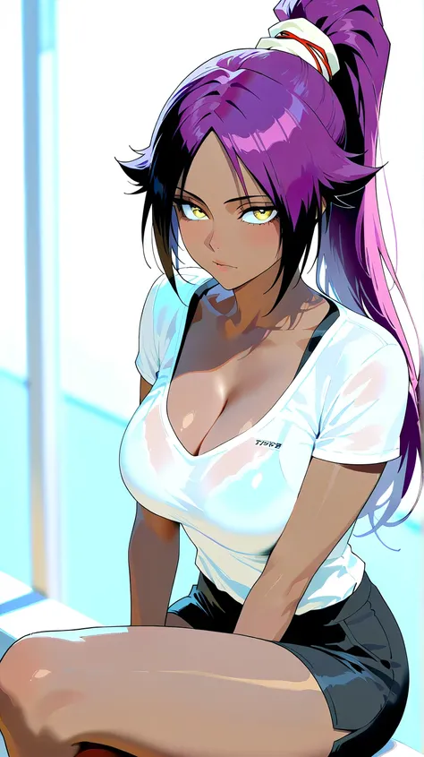 solo, yoruichi shihouin, long hair, yellow eyes, ponytail, purple hair, dark skin, dark-skinned female, large breasts, beautiful breasts, beauty leg, whole (body), cute, cleavage, black suits, white y- shirt, walk urban, upturned eyes, looking at viewer