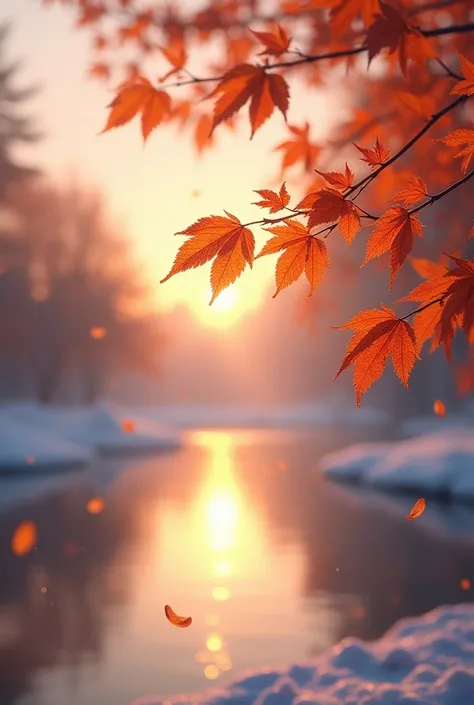 Beautiful  sunrise  , autumn  leaves  and water drop  in the leave, beautiful background  light snow  