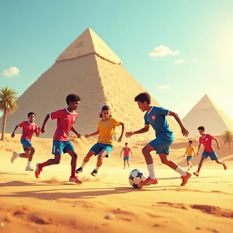 Playing soccer at great pyramid Giza 