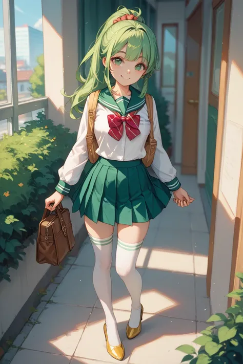 girl with long green hair wearing a schoolgirl uniform with golden accents, ponytail, golden high heels, green eyes, smiling, cute face, white stockings, holding hands with a blond girl wearing school girl uniform with white and green details