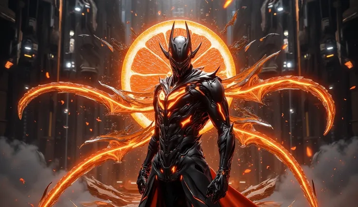 Design a visually striking superhero character inspired by [orange]. The character should embody the essence of the fruit with intricate details in their costume and powers. The superhero stands in a majestic, futuristic landscape, with a glowing hologram ...