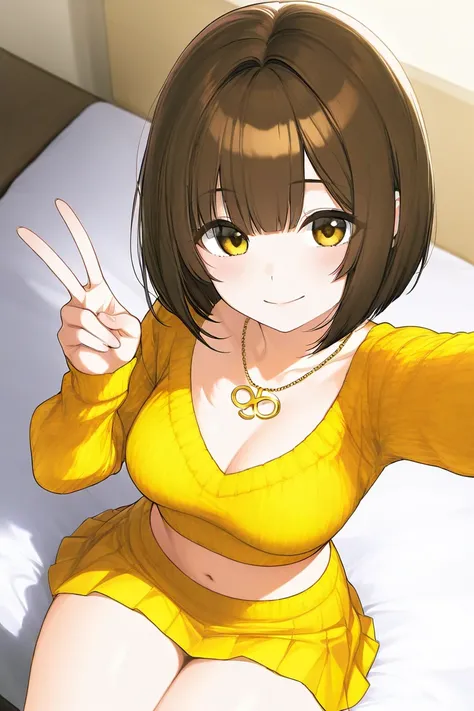  Beautiful girl, Bob cut brown hair ,  sitting on the bed,  selfie from above ,  fine gold necklace , Crop Top White,  yellow knitted mini skirt, radiant smile, peace sign with hand,  medium breasts ,  thin waist ,  big thighs 