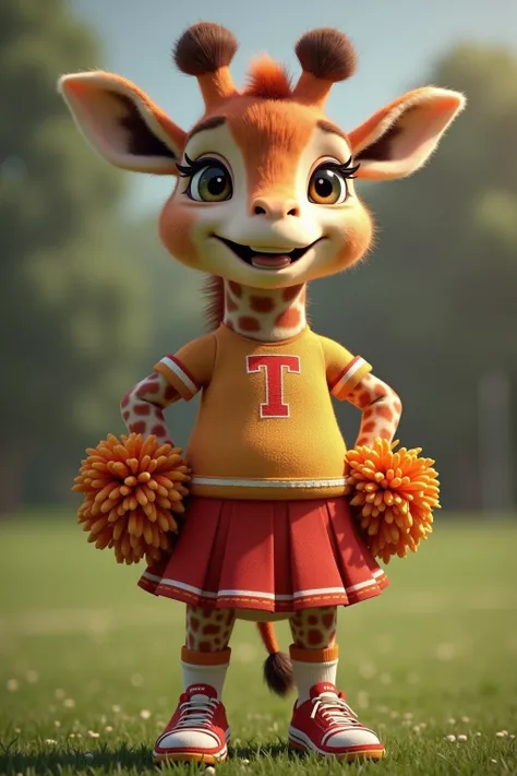 photorealistic portrait of Dressed animals - a ((fat)) (baby giraffe) cheerleader,(),(full body image:1.3), (hands on hips:1.5),(furry), (happy smile),high quality,(lovely) , highly detailed cute  top with team logo ,intricate detailed  short pleated skirt...