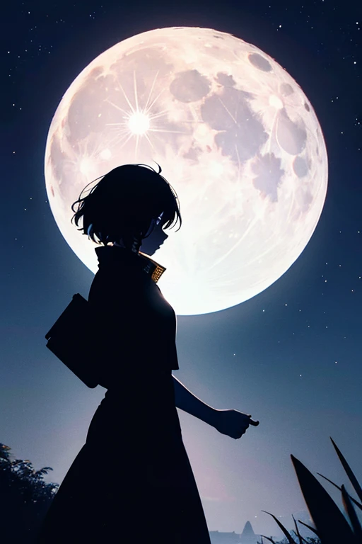  best quality,Big moon and shadow,A silhouette of a person can be seen against the backdrop of a large moon.,There is one full moon,There is a mood, beautiful scenery, starry sky 