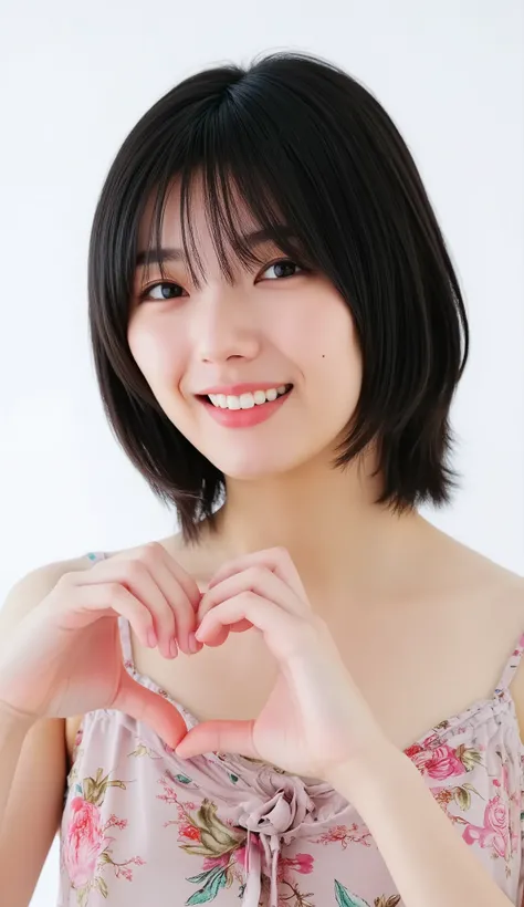  Super Fine、An upshot of her face、She has a smile showing her teeth, wears a camisole, and poses with her hands in the shape of a heart in front of her chest、The background is plain、  high definition、細部にわたって high definition